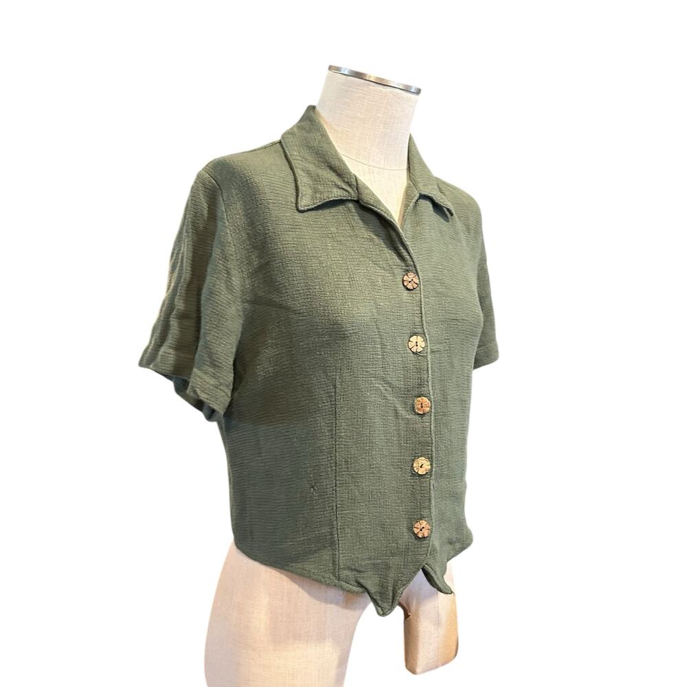 Vintage Green Cropped Button Down Shirt Womens Sz Medium Coastal Cowgirl Cottage - Picture 3 of 16
